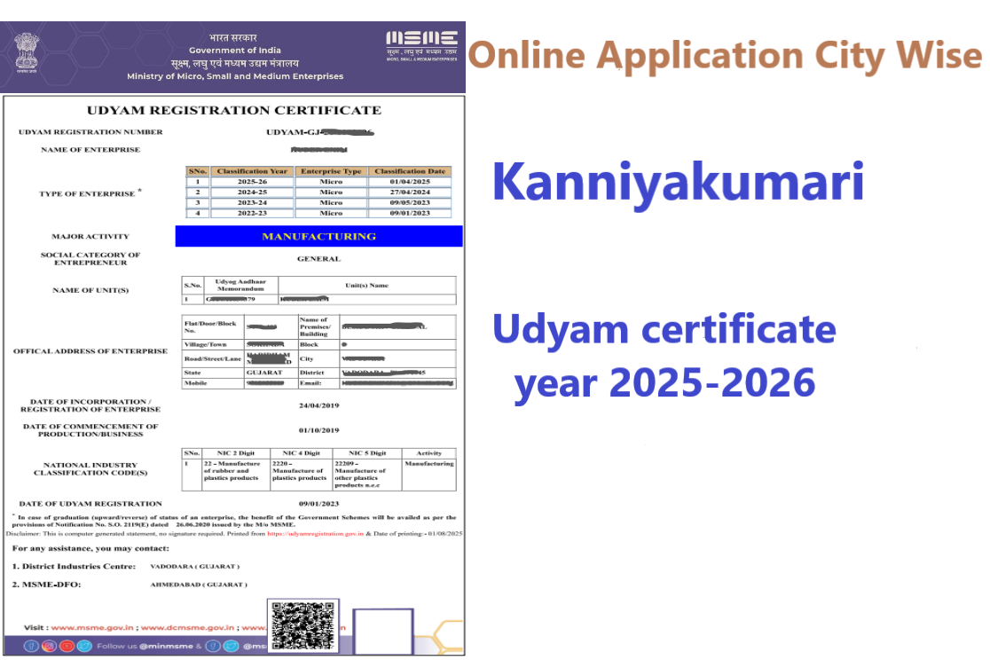 Kanniyakumari  Udyam Certificate Year 2025-2026